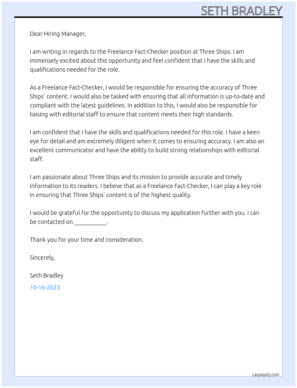 Freelance Fact-Checker At Three Ships Cover Letter