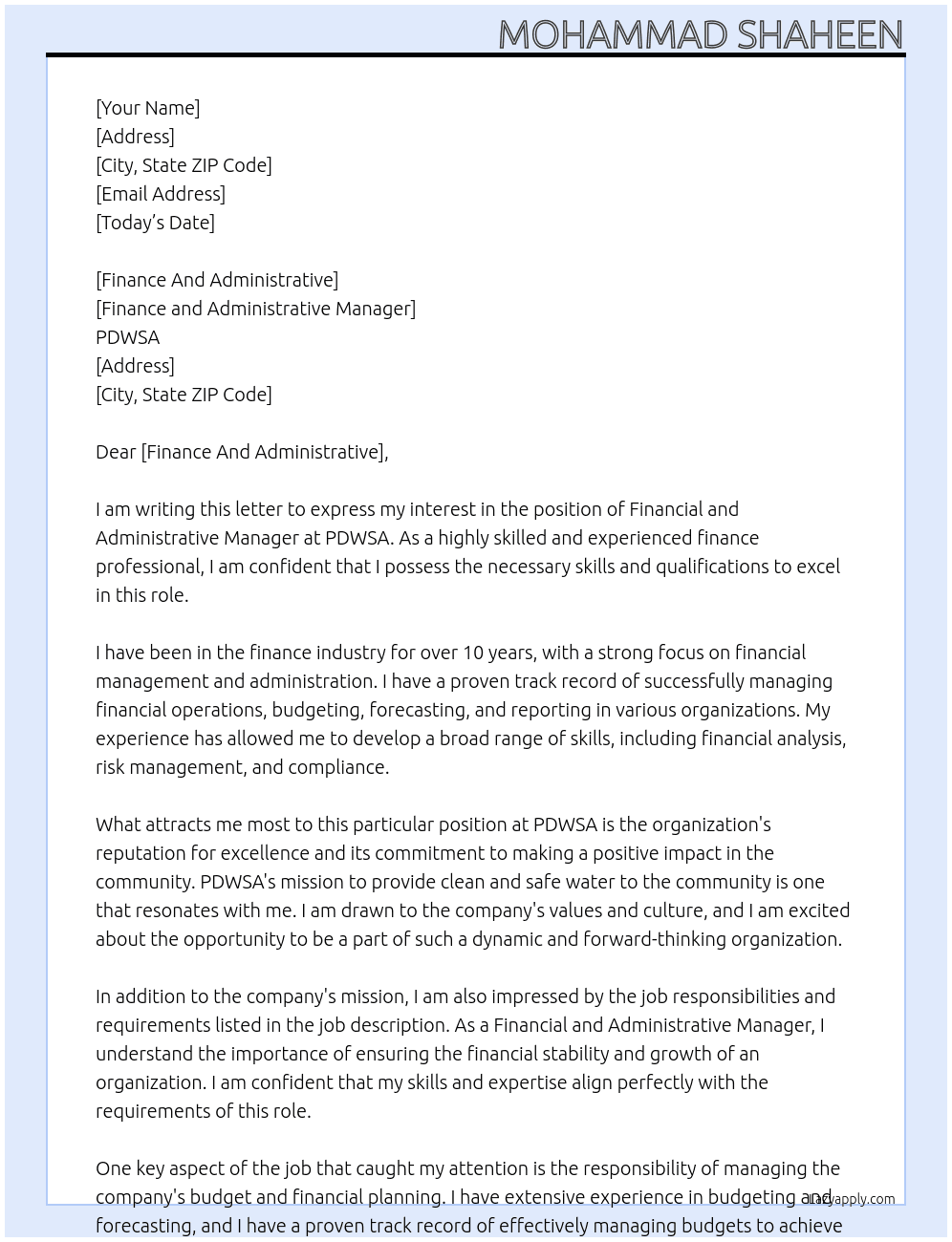 financial and administrative manager At PDWSA Cover Letter