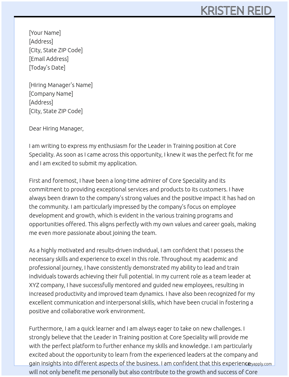 Leader in training  At Core Speciality  Cover Letter