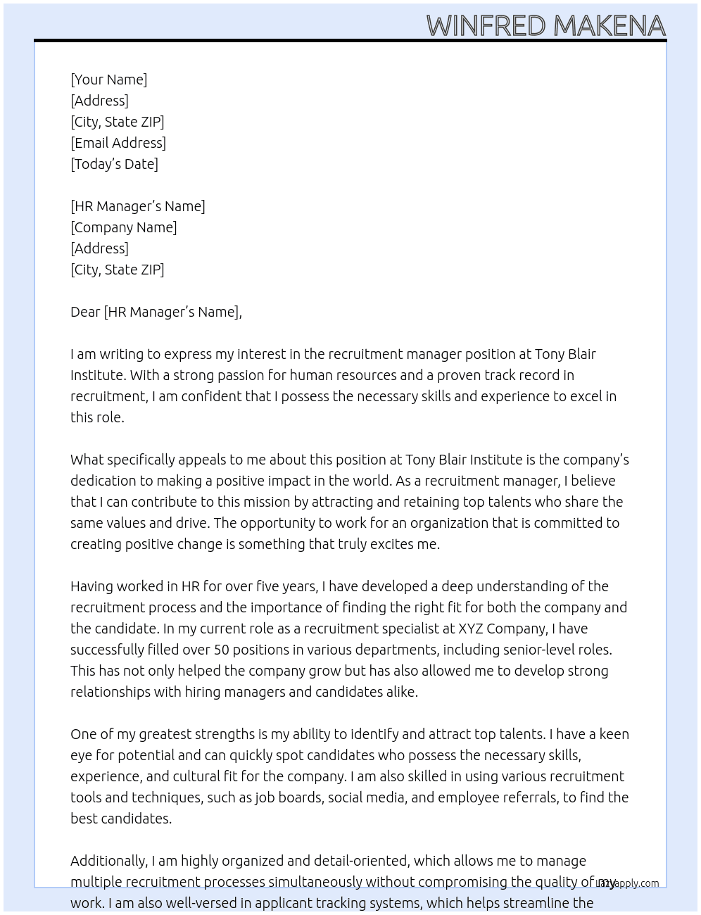 recruitment manager At Tony bLair Institut Cover Letter