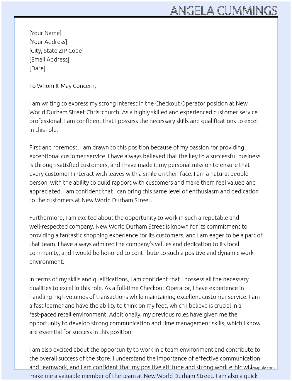 Checkout Operator At New World Durham Street Christchurch Cover Letter