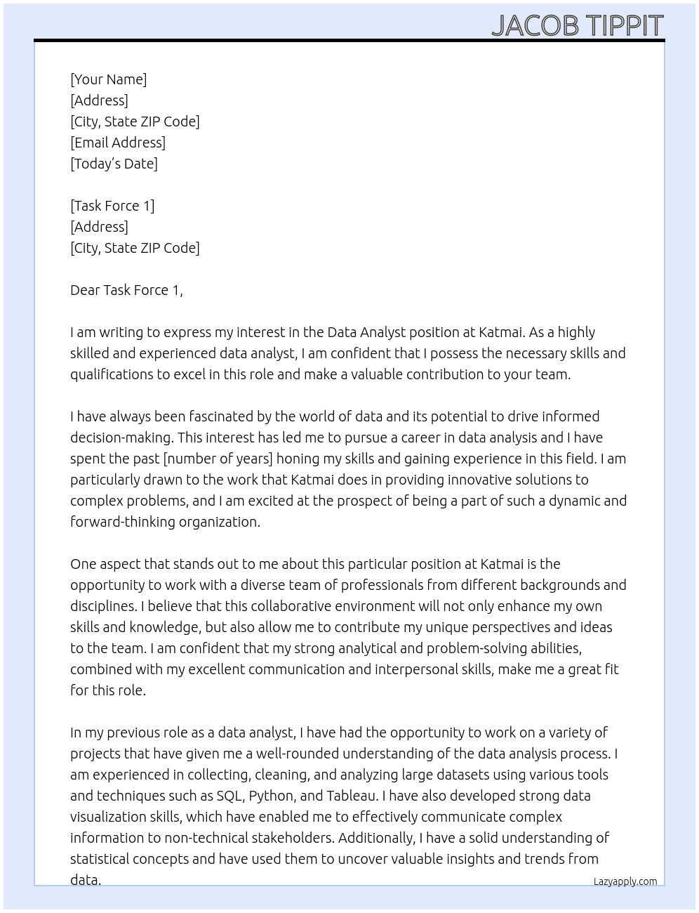Data Analyst At Katmai Cover Letter
