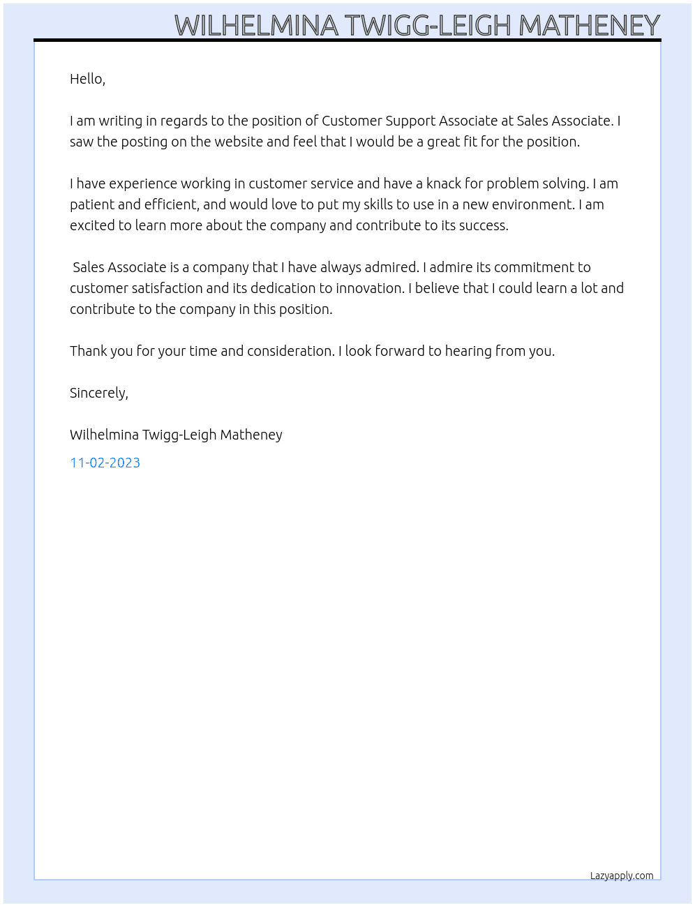 Customer Support Associate At Sales Associate Cover Letter
