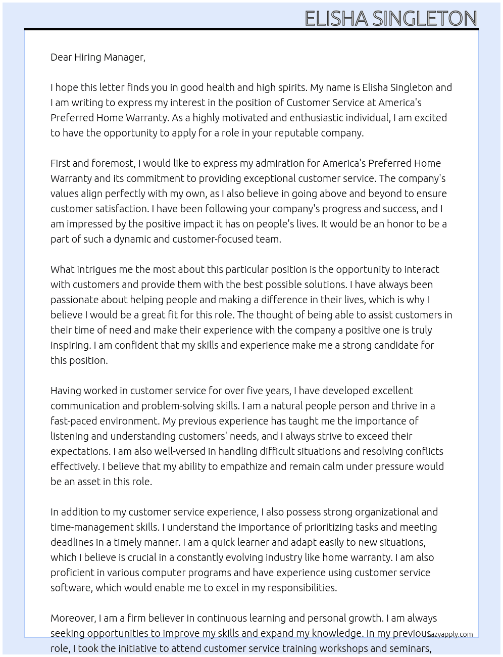 Customer Service At America's Preferred Home Warranty Cover Letter