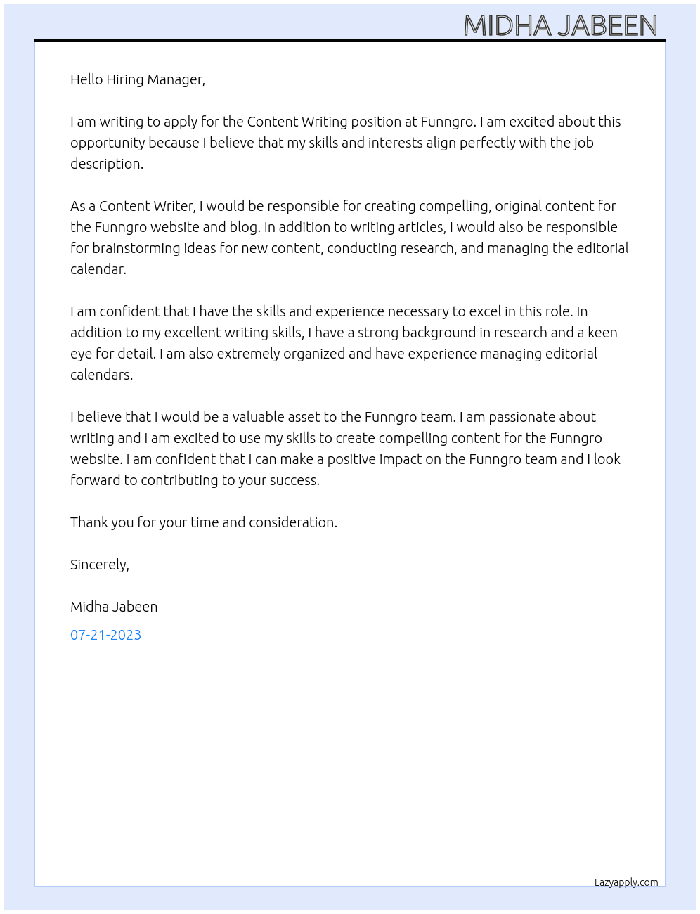 Content Writing  At Funngro Cover Letter