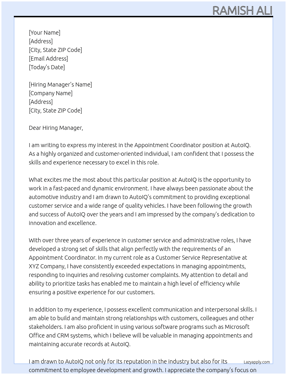 Appointment Coordinator  At AutoIQ Cover Letter