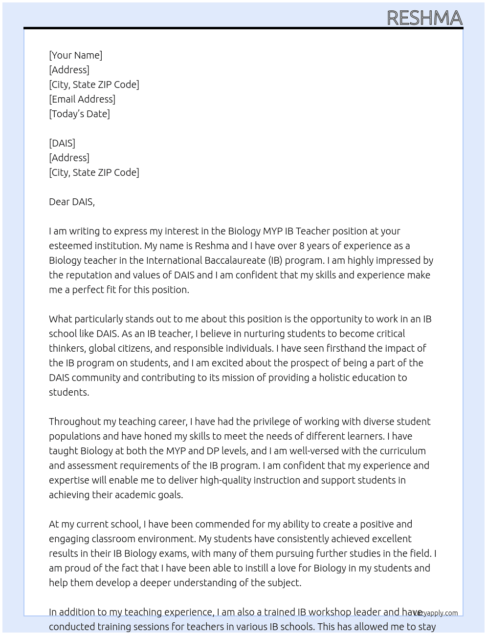 Biology MYP IB Teacher At DAIS Cover Letter