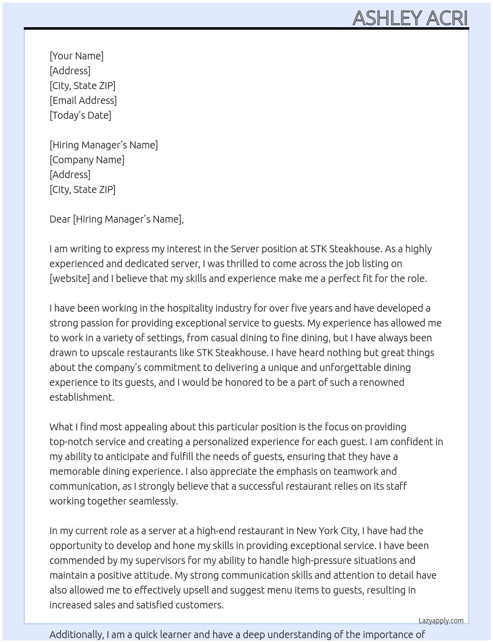 Server At STK steakhouse Cover Letter