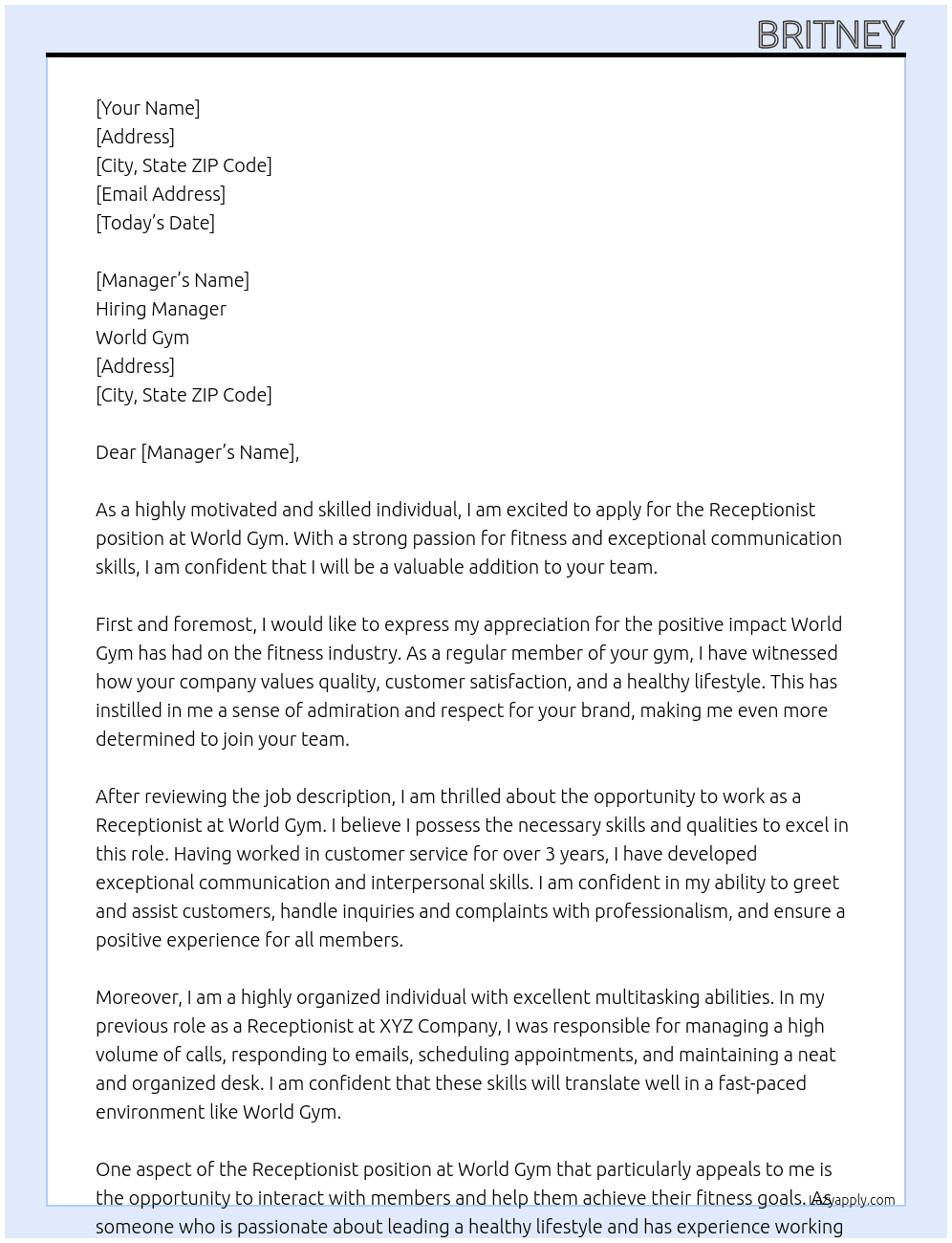 Receptionist At World Gym Cover Letter