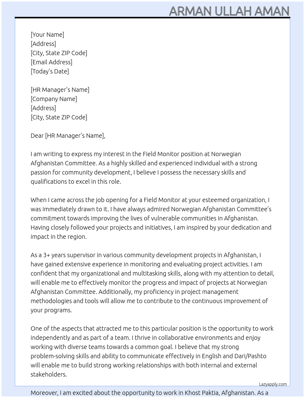 Field monitor  At Norwegian Afghanistan committee  Cover Letter