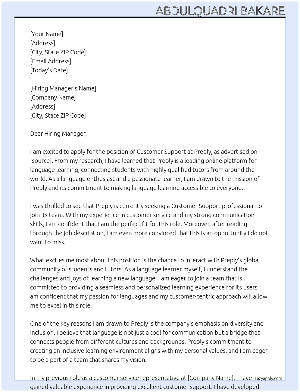 Customer Support At Preply Cover Letter