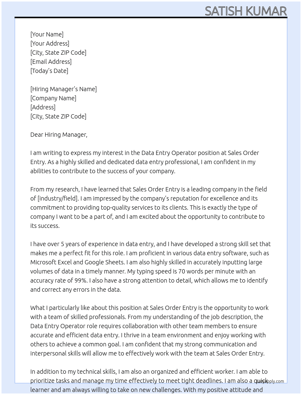 Data Entry Operator  At Sales order entry Cover Letter
