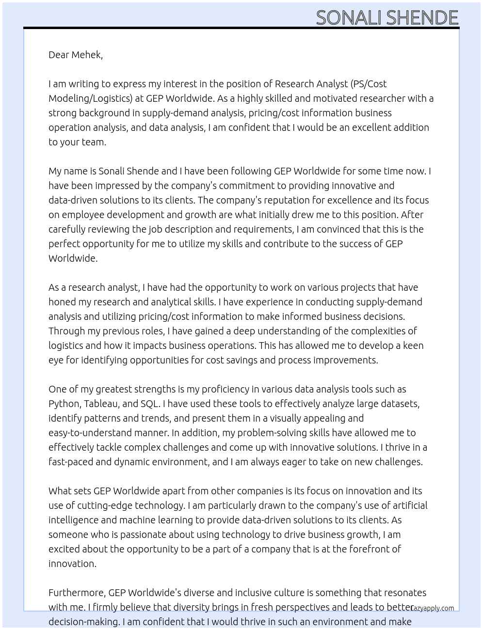 Research Analyst (PS/ Cost Modeling/ Logistics)-  At GEP Worldwide Cover Letter
