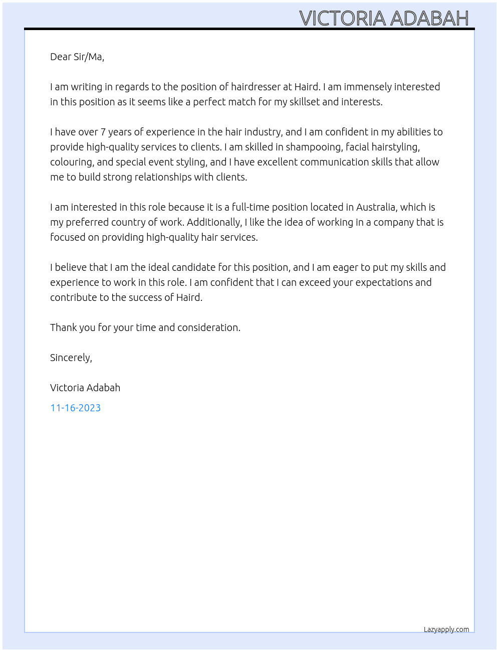 Hairdresser  At Hairdress Cover Letter