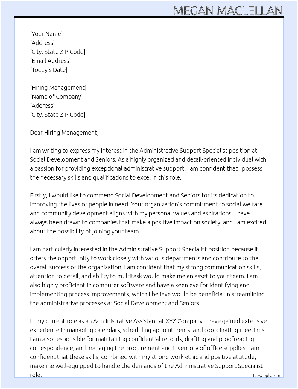 Administrative Support Specialissr  At Social Development and Seniors  Cover Letter