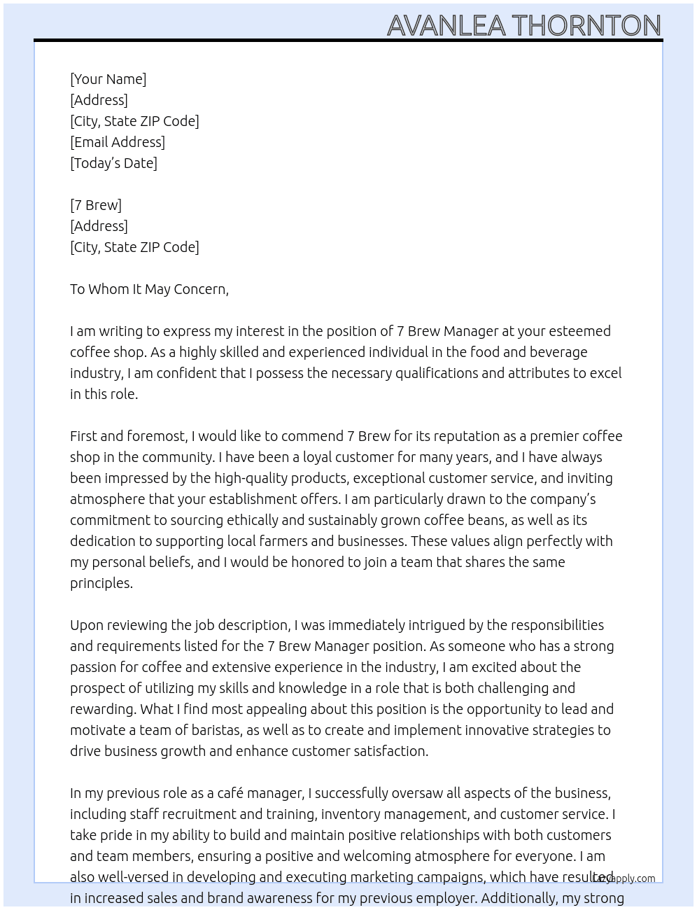 coffee shop At 7 Brew Cover Letter
