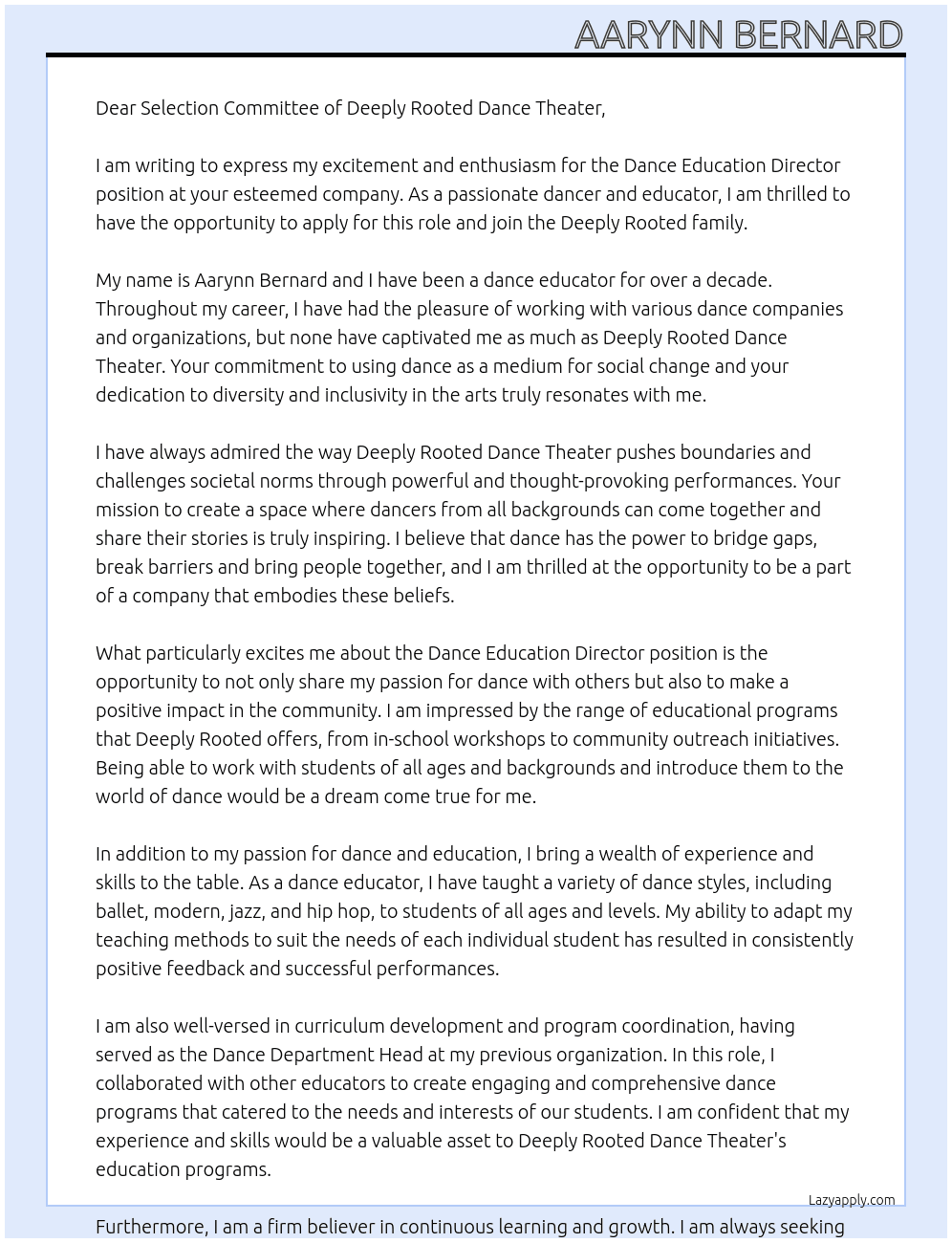 Dance Education Director At Deeply Rooted Dance Theater Cover Letter