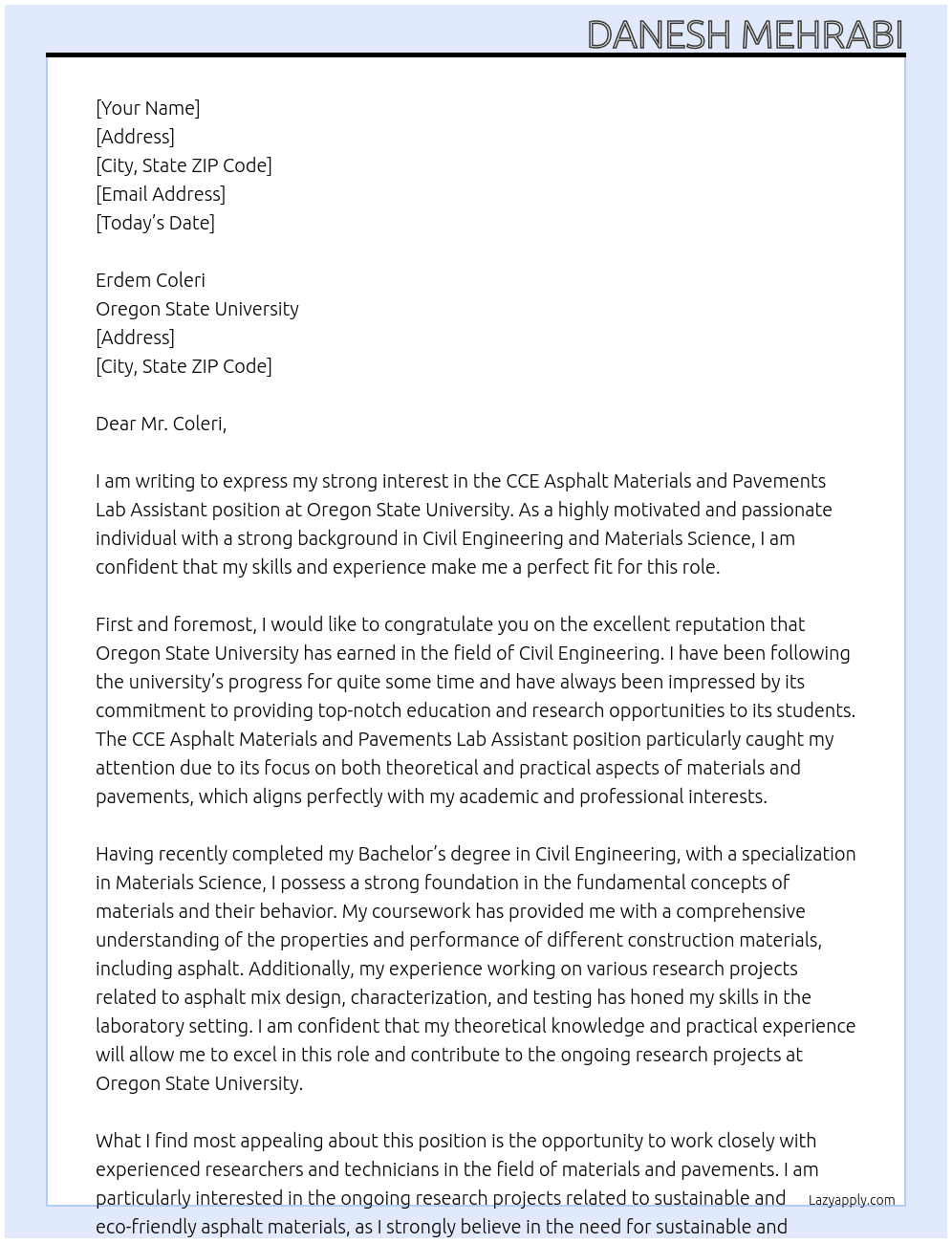 	CCE Asphalt Materials and Pavements Lab Assistant  At Oregon State University Cover Letter