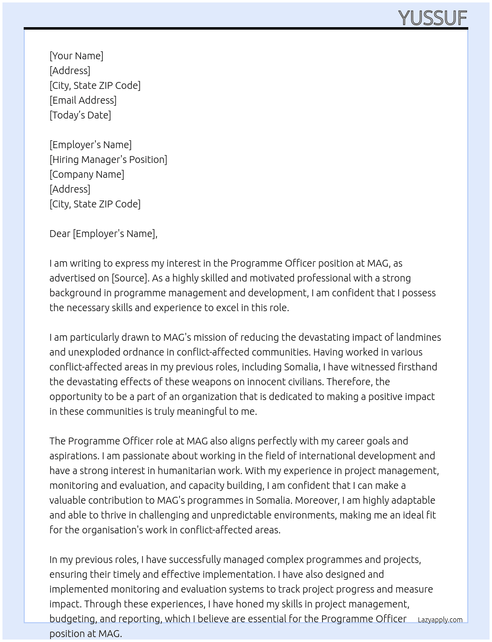 Programme officer At MAG Cover Letter