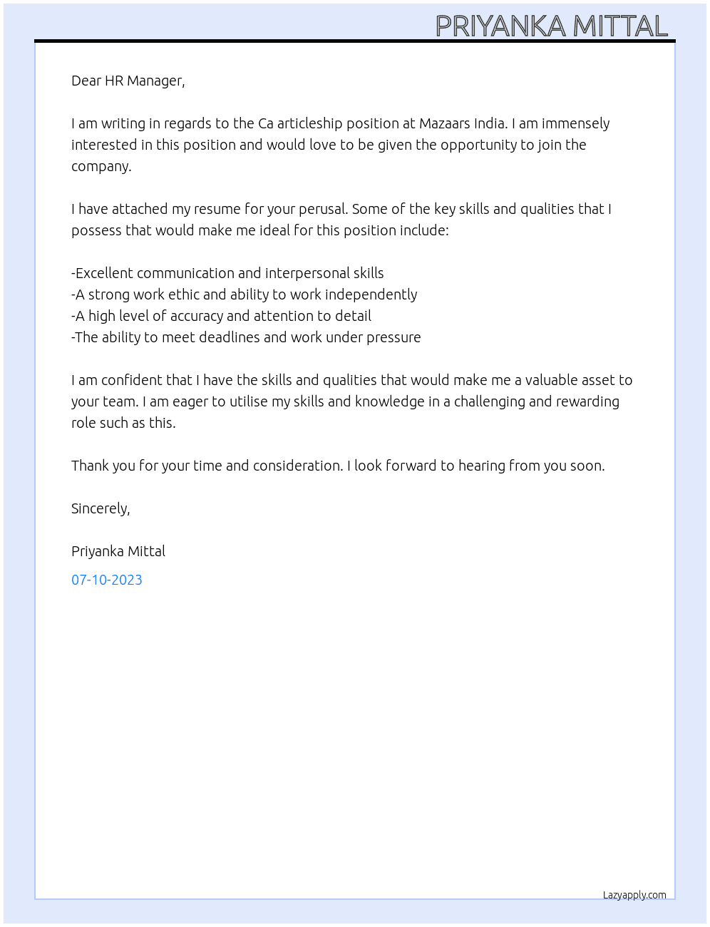 Ca articleship  At Mazaars India Cover Letter