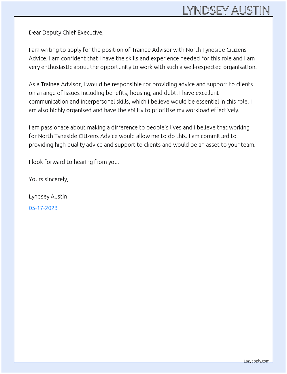 Trainee Advisor At NORTH TYNESIDE CITIZENS ADVICE Cover Letter