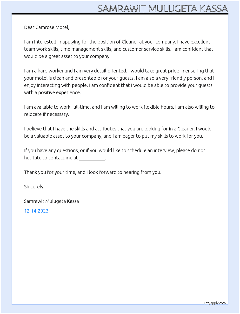 Cleaner  At Camrose motel Cover Letter