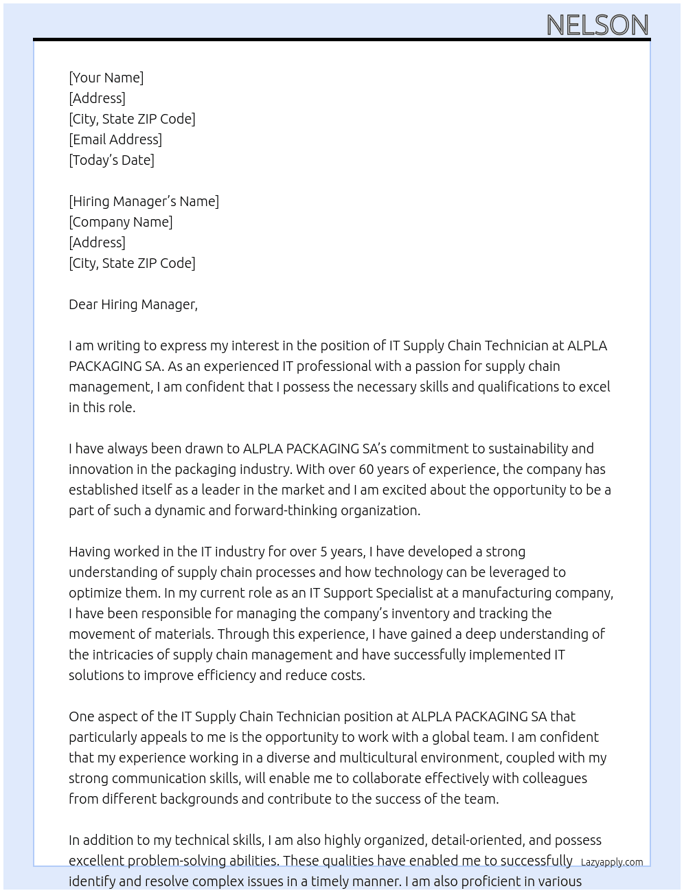 IT Supply Chain Technician At ALPLA PACKAGING SA Cover Letter