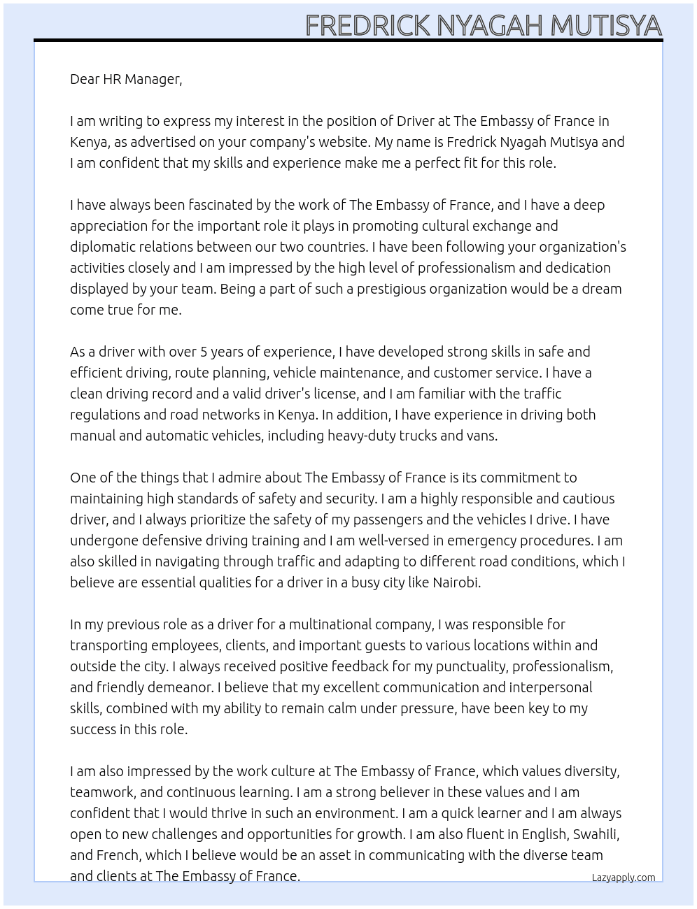 driver At The Embassy of France in Kenya Cover Letter