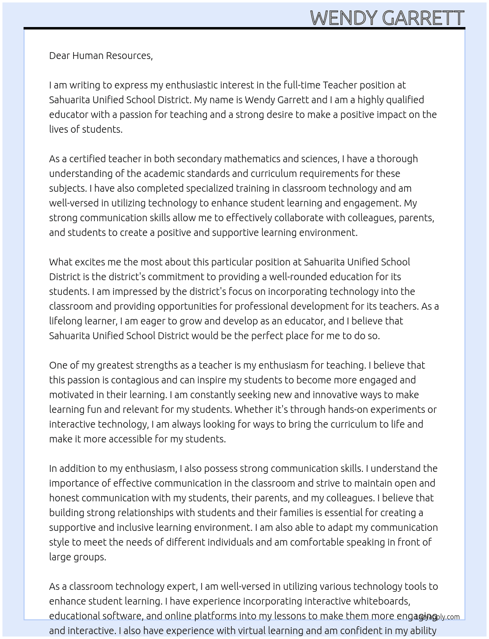 Teacher At Sahuarita Unified School District Cover Letter