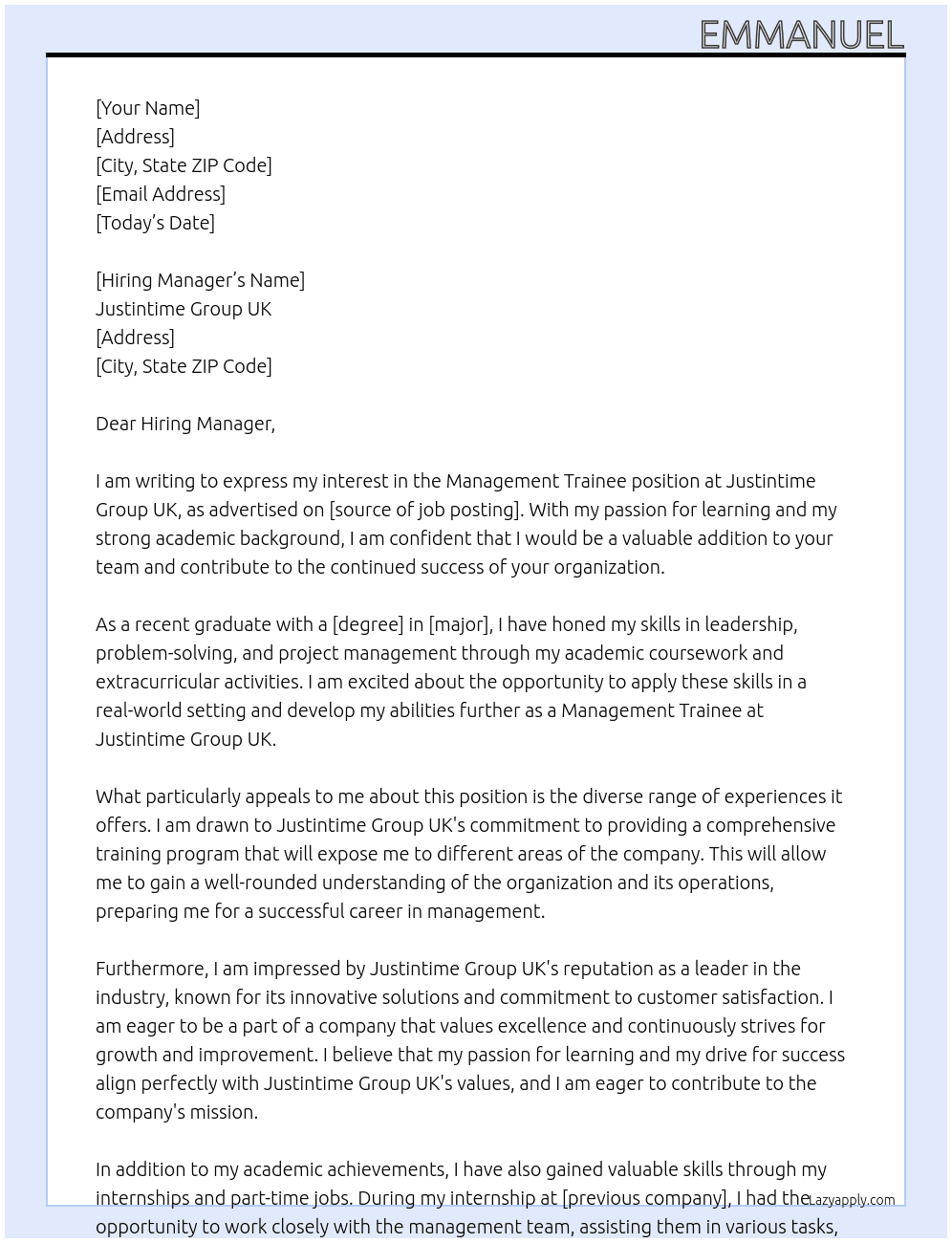 Management trainee At Justintime Group UK, Cover Letter
