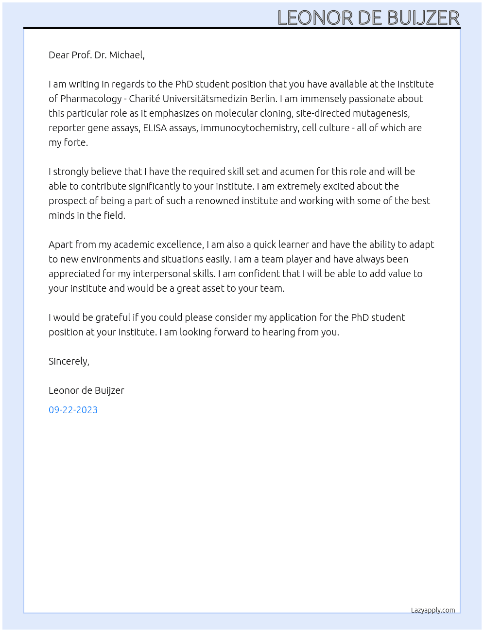 Phd student At Institute of Pharmacology - Charité Universitätsmedizin Berlin Cover Letter