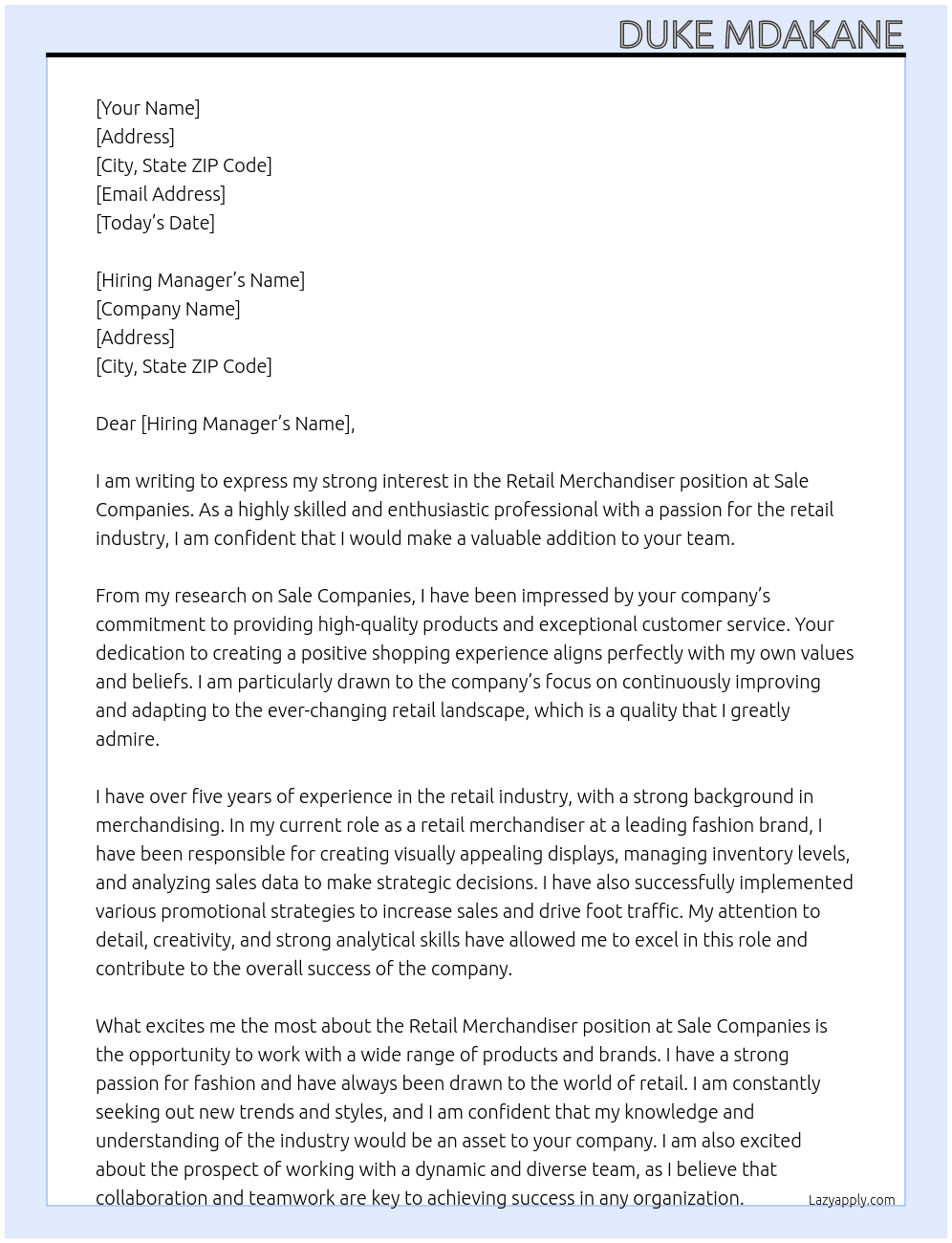 retail merchandiser  At sale companies Cover Letter