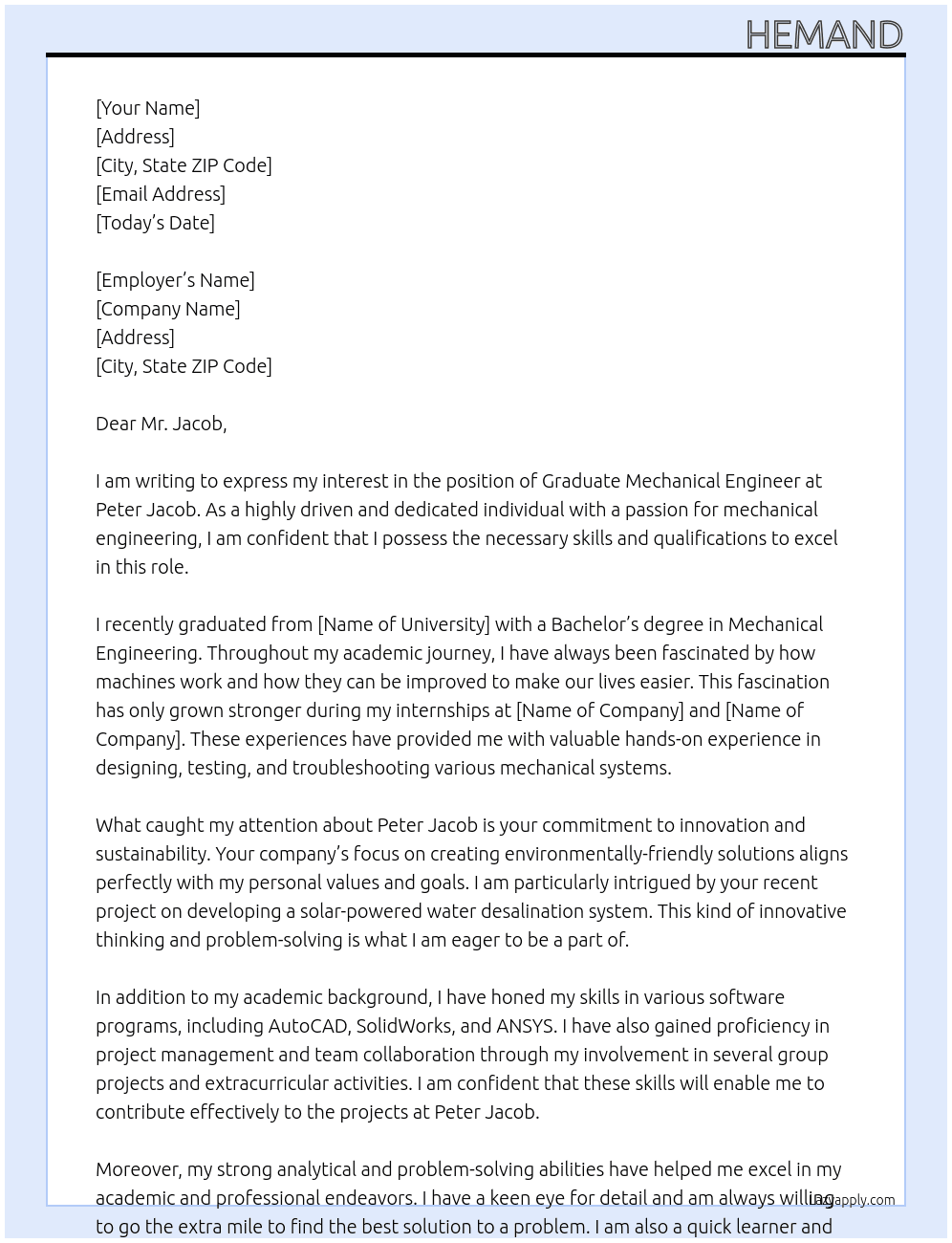 Graduate mechanical engineer  At Peter Jacob  Cover Letter