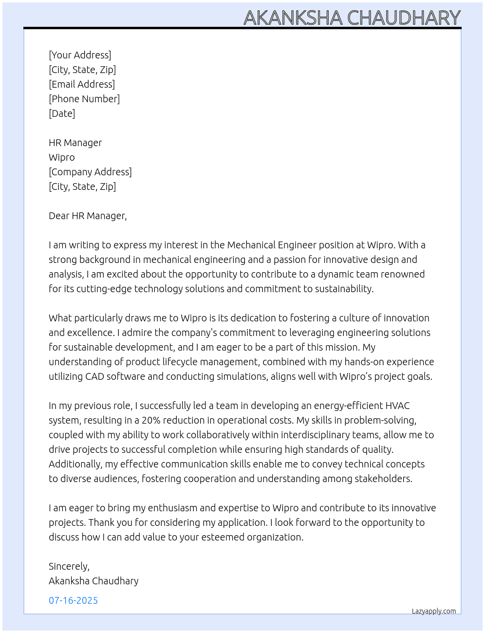 mechanical engineer At wipro Cover Letter