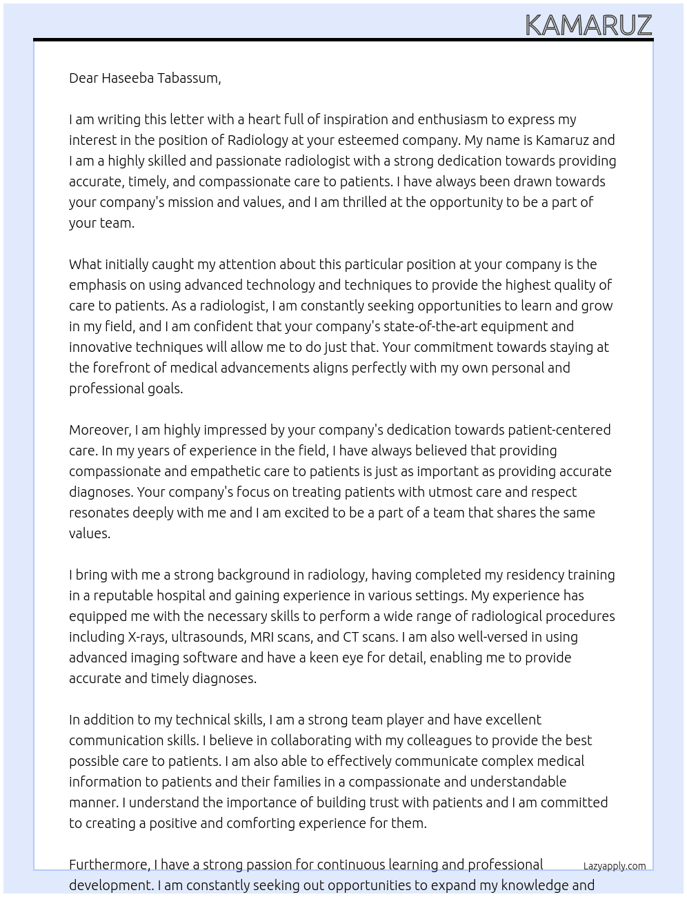 Radiology At Haseeba  Cover Letter
