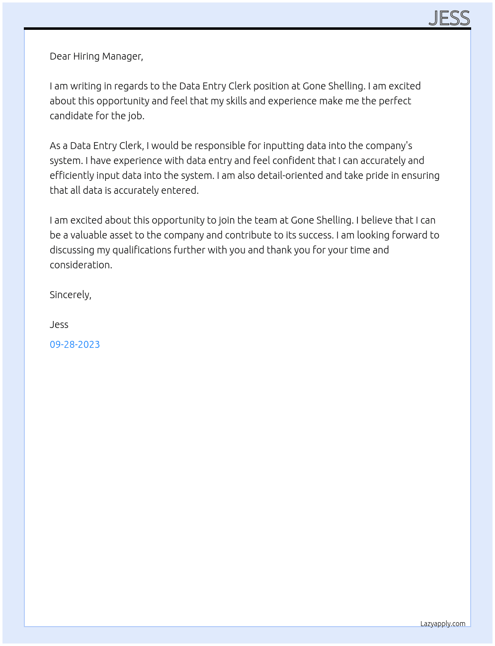 Data Entry Clerk At Gone Shelling Cover Letter