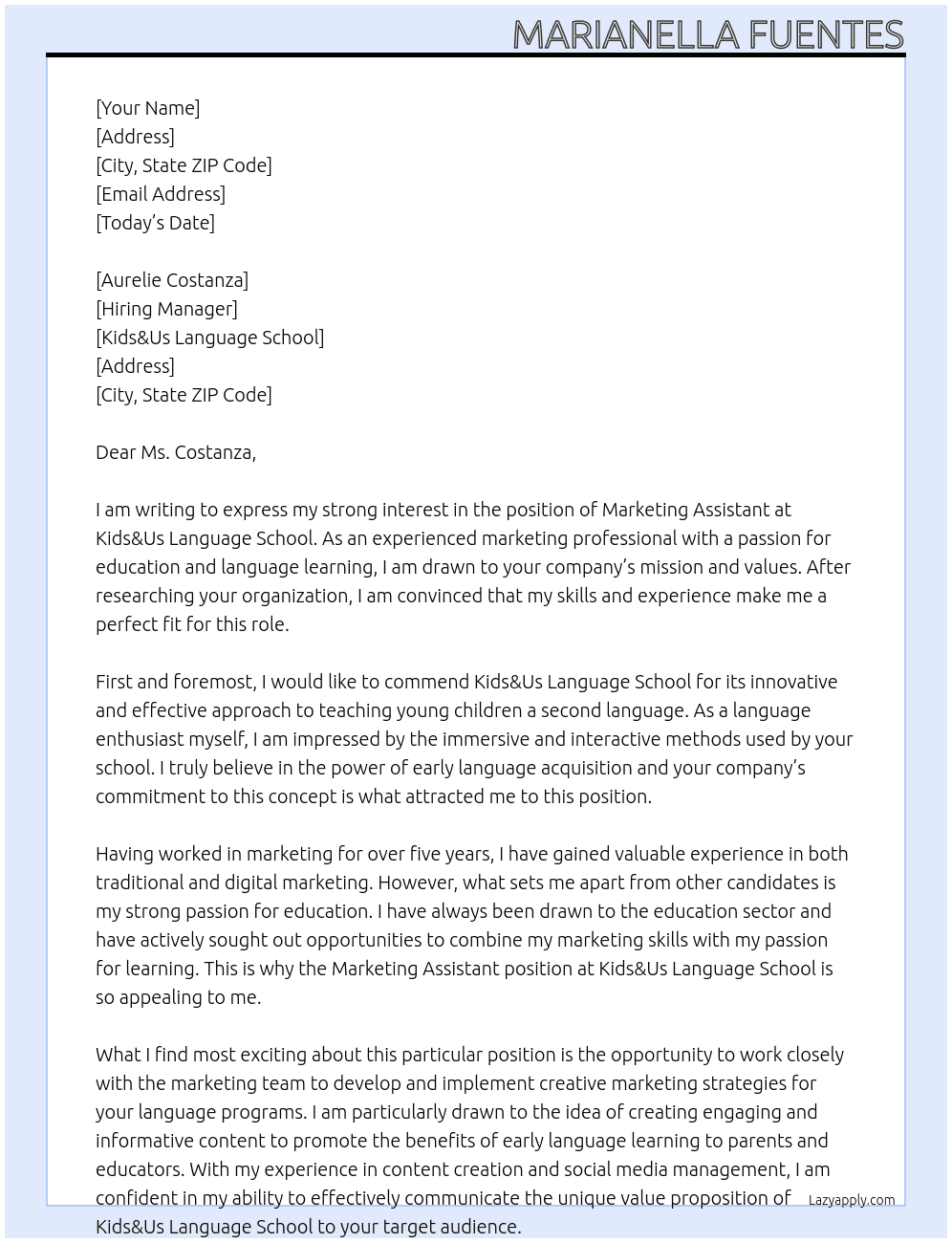 marketing assistant At kids&us language school Cover Letter