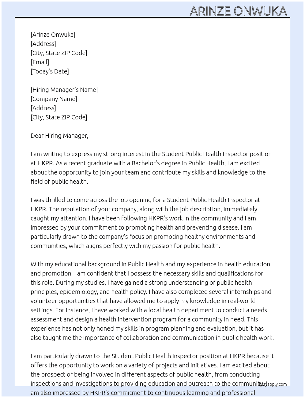 Student public health inspector  At HKPR Cover Letter