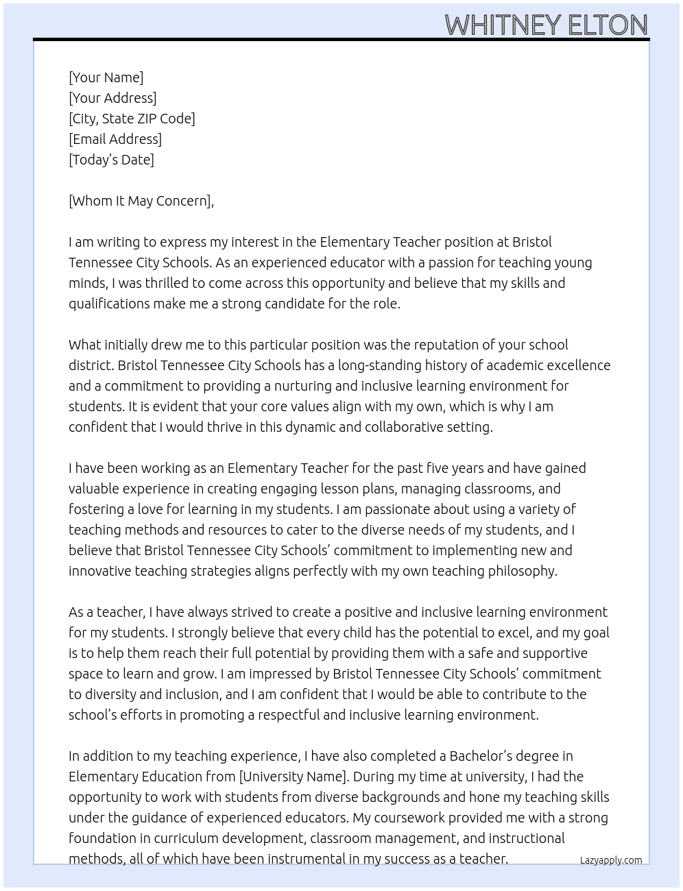 Elementary Teacher At Bristol Tennessee City Schools  Cover Letter