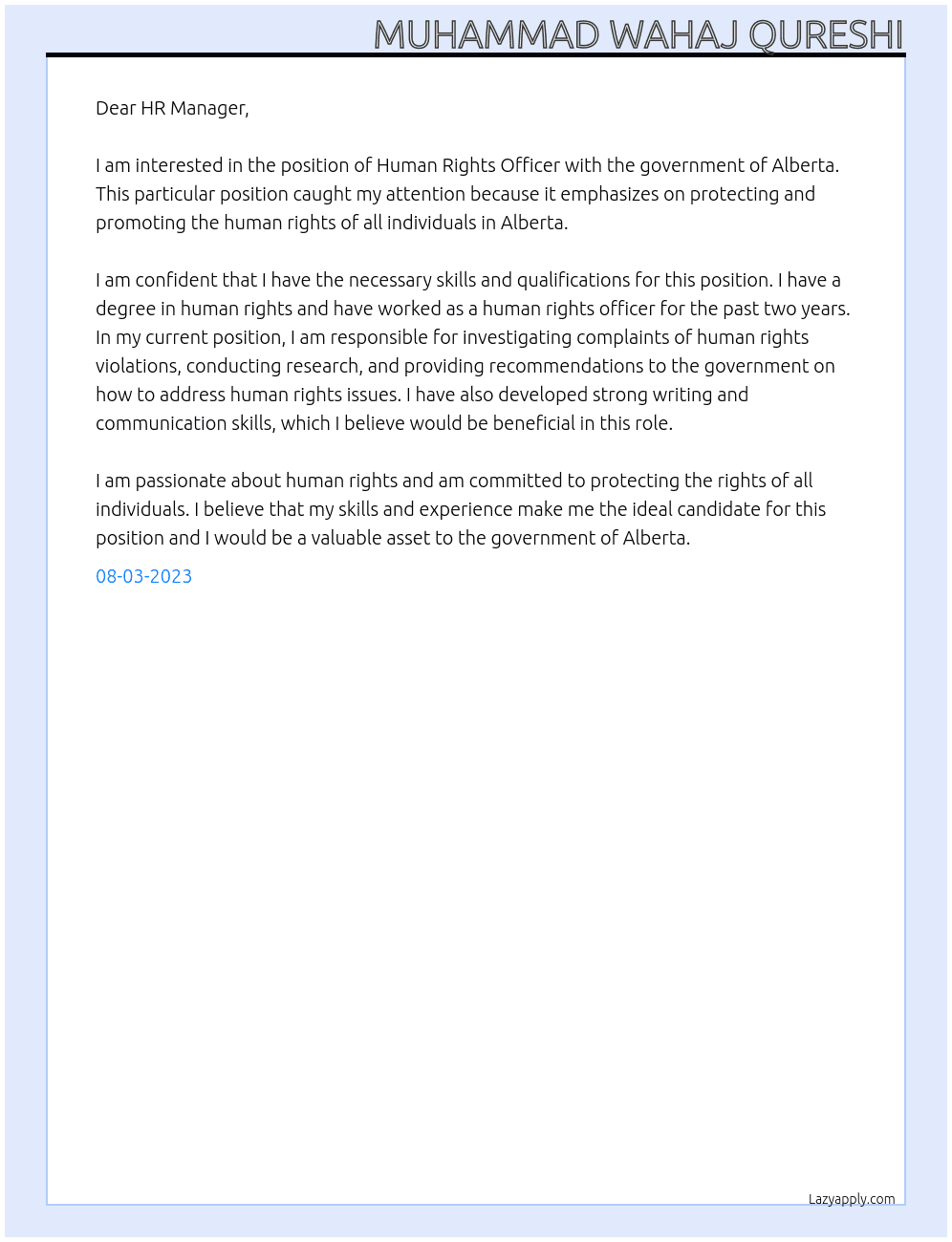 Human Rights Officer At government of alberta Cover Letter
