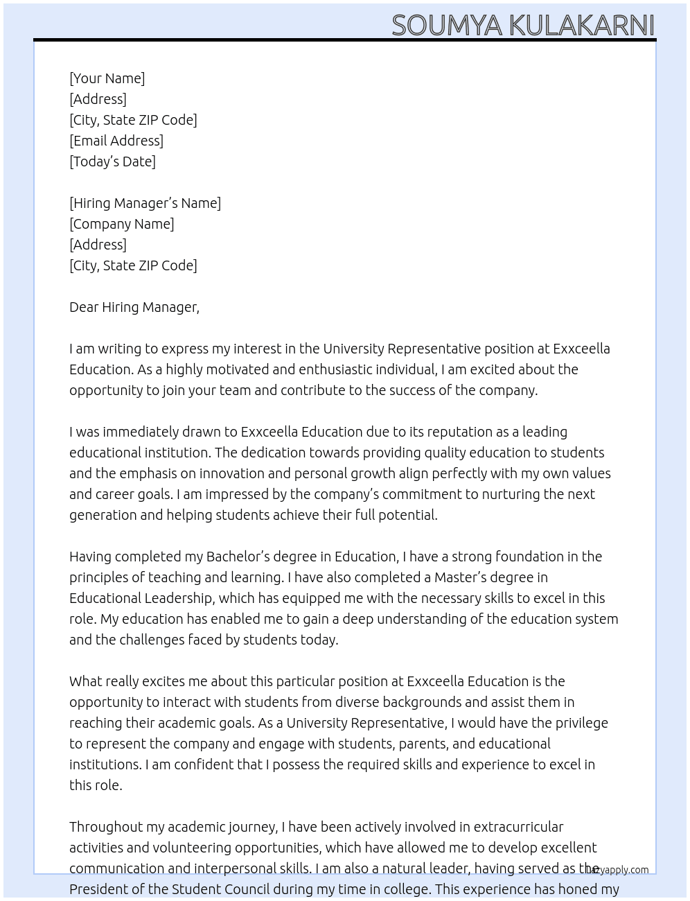 University Representative At Exxceella Education Cover Letter