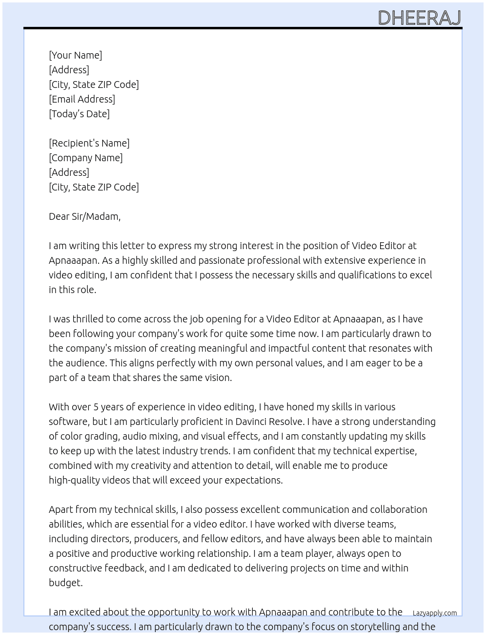 Video editor At Apnaaapan Cover Letter