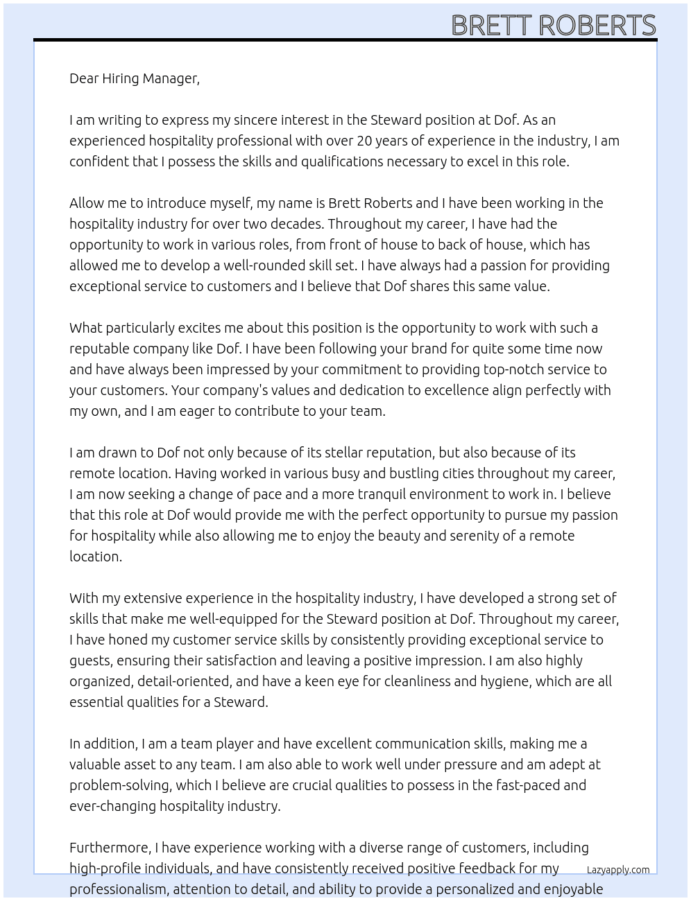 Steward At Dof Cover Letter