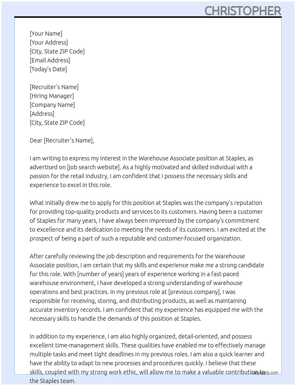 warehouse associate At Staples Cover Letter