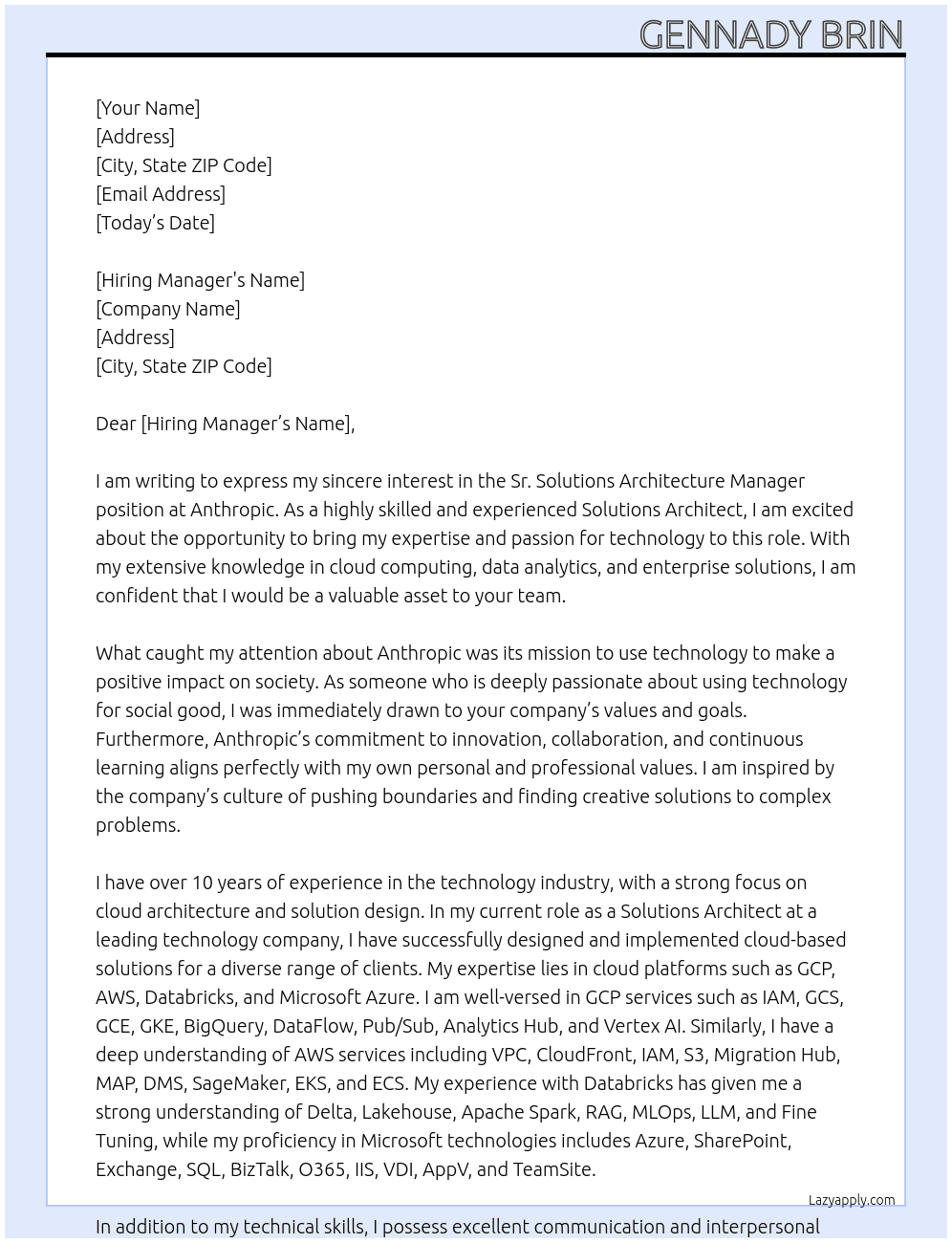 Sr. Solutions Architecture Manager At Anthropic Cover Letter