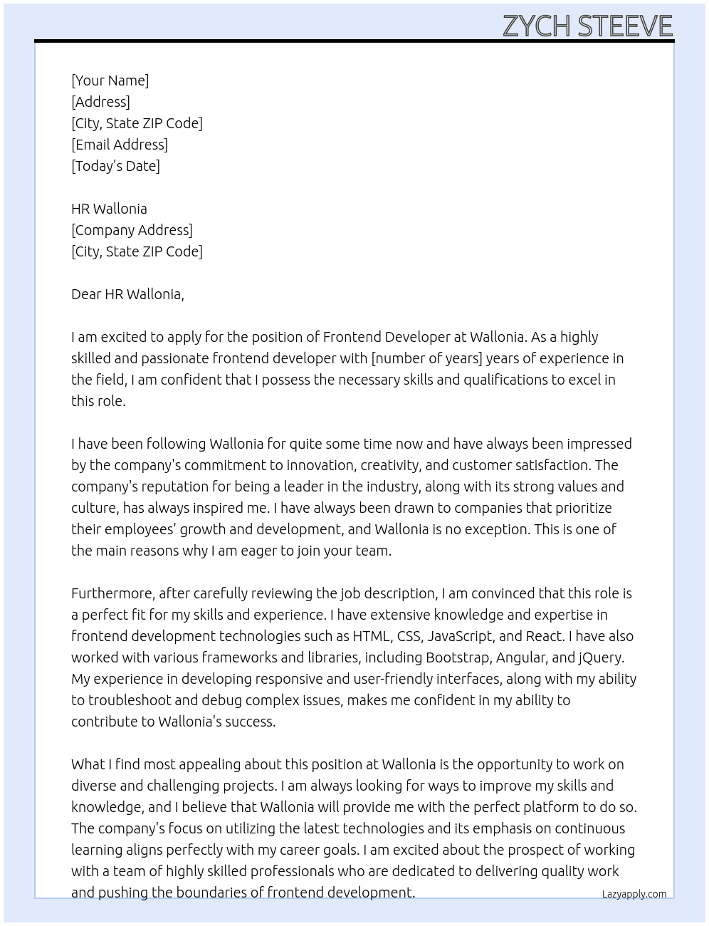 Frontend developer At Wallonia Cover Letter