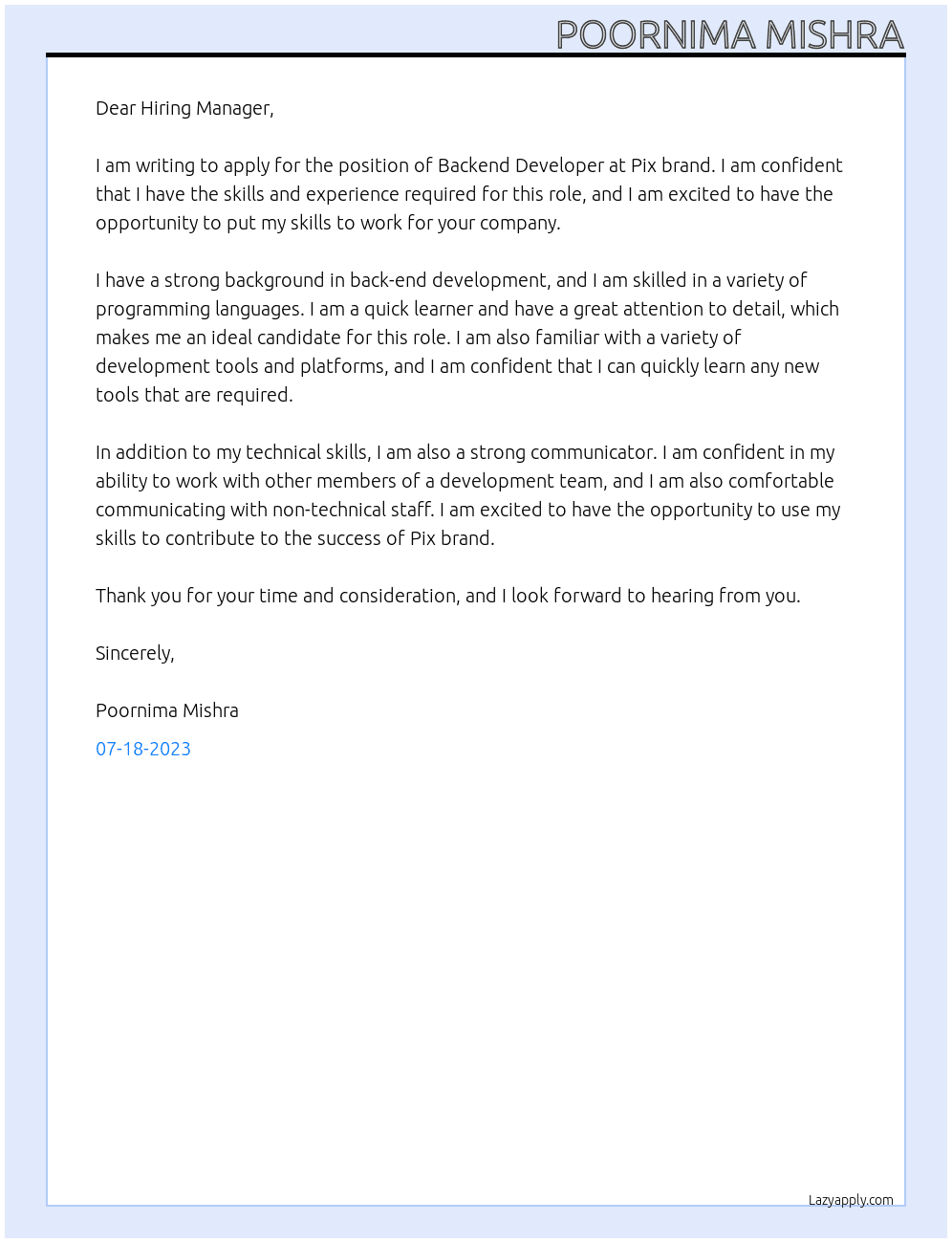 Backend developer  At Pix brand Cover Letter