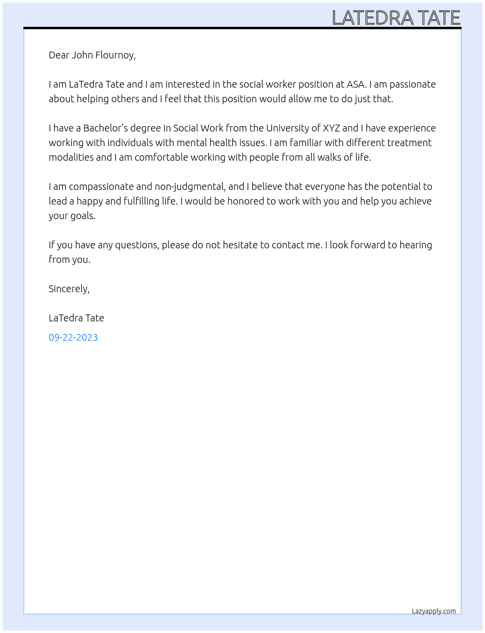 Social worker At ASA Cover Letter