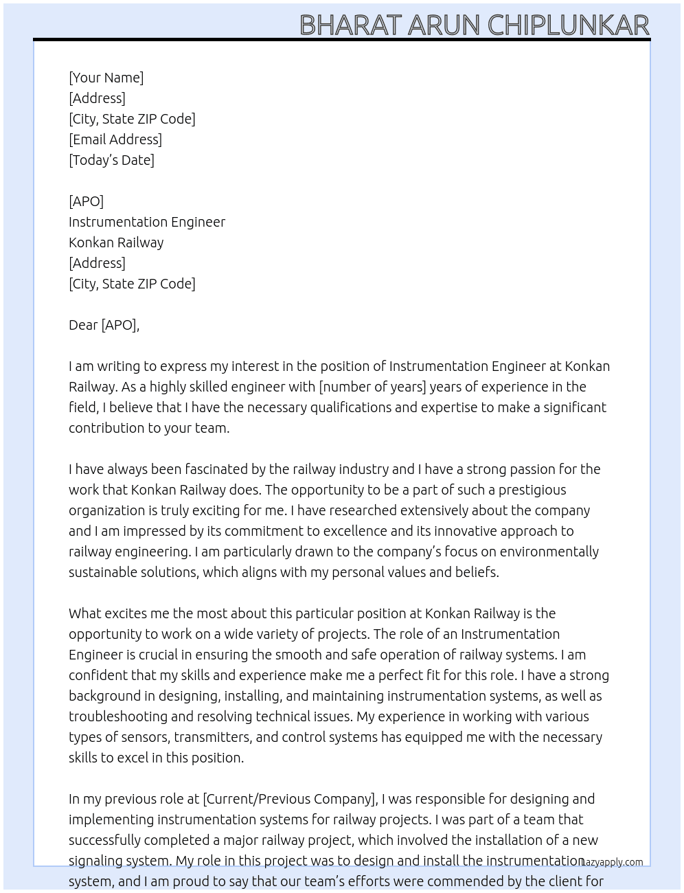Instrumentation engineer  At Konkan railway Cover Letter