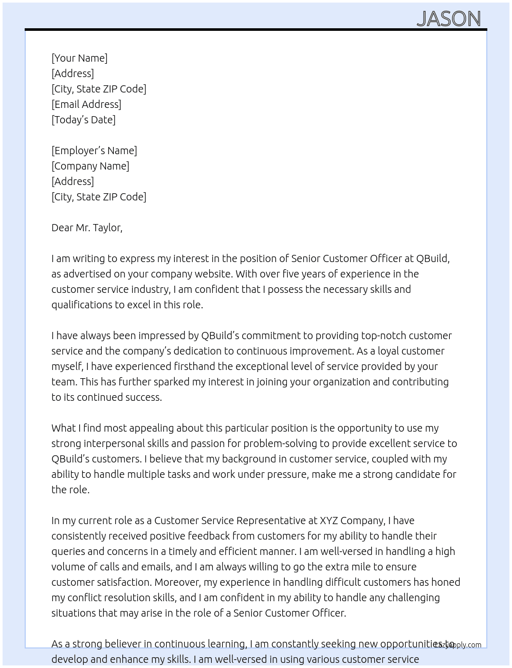 Senior Customer Officer  At QBuild  Cover Letter